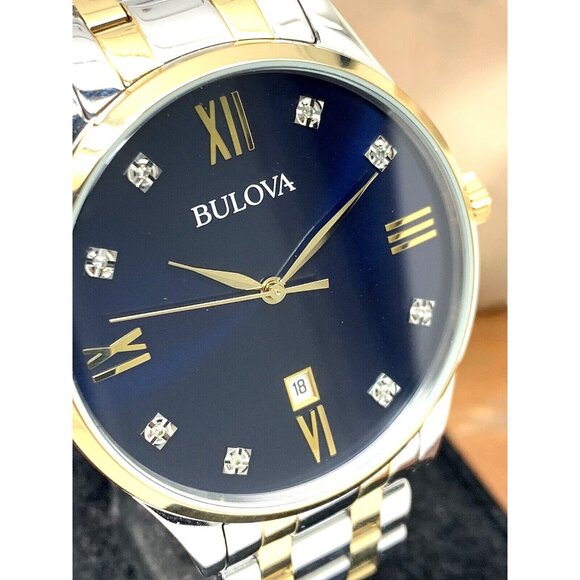 Bulova Men's Watch 98D130 Diamond Blue Dial Roman Numerals Two Tone Steel 40mm - Picture 1 of 13